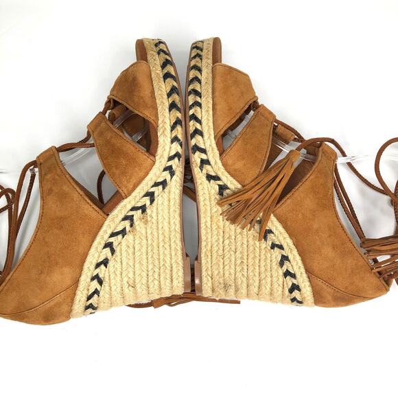 H&M Cognac Brown Suede Espadrille Wedge Lace Up Sandals 8.5 - Picture 7 of 10